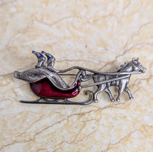 Vintage Christmas Pair Enamel Tree & Horse Sleigh Ride Holiday Brooches Pins - Picture 4 of 9